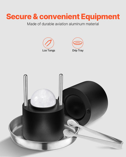 Isbollspress-kit, ispress i aluminium för flygbruk med isblockform, stor matta, tång, droppbricka, ett glas, rund isbollsmaskin 2,4"/60 mm iskula, för whisky, cocktail på fest och högtider
