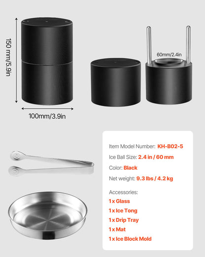 Isbollspress-kit, ispress i aluminium för flygbruk med isblockform, stor matta, tång, droppbricka, ett glas, rund isbollsmaskin 2,4"/60 mm iskula, för whisky, cocktail på fest och högtider