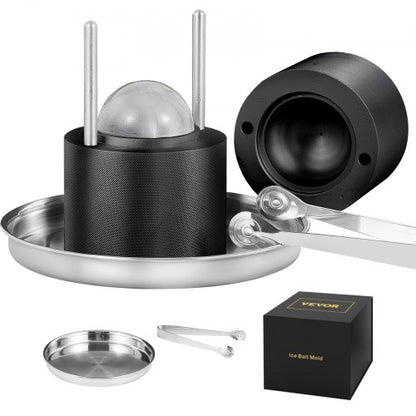 Isbollspress, 2,4" isbollsmaskin, isbollspress i flygplanslegering för 60 mm iskula, ispress med tång och droppbricka, för whisky, cocktail, bourbon, skotsk whisky på fest och högtider, svart