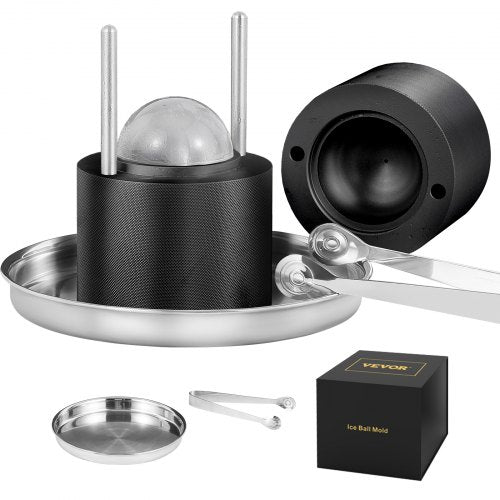 Isbollspress, 2,4" isbollsmaskin, isbollspress i flygplanslegering för 60 mm iskula, ispress med tång och droppbricka, för whisky, cocktail, bourbon, skotsk whisky på fest och högtider, svart