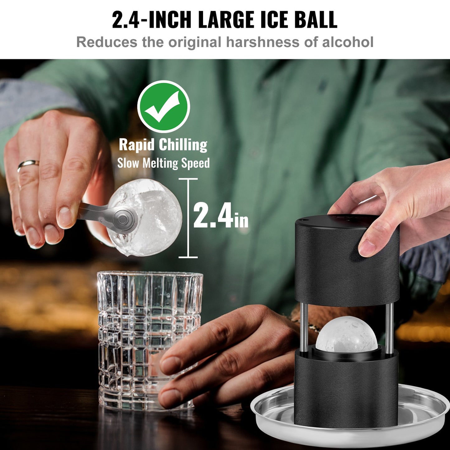 Isbollspress, 2,4" isbollsmaskin, isbollspress i flygplanslegering för 60 mm iskula, ispress med tång och droppbricka, för whisky, cocktail, bourbon, skotsk whisky på fest och högtider, svart