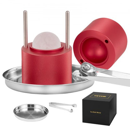 Isbollspress, 2,4" isbollsmaskin, isbollspress i flygplanslegering för 60 mm iskula, ispress med tång och droppbricka, för whisky, cocktail, bourbon, skotsk whisky på fest och högtider, röd