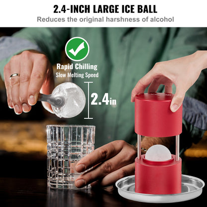 Isbollspress, 2,4" isbollsmaskin, isbollspress i flygplanslegering för 60 mm iskula, ispress med tång och droppbricka, för whisky, cocktail, bourbon, skotsk whisky på fest och högtider, röd