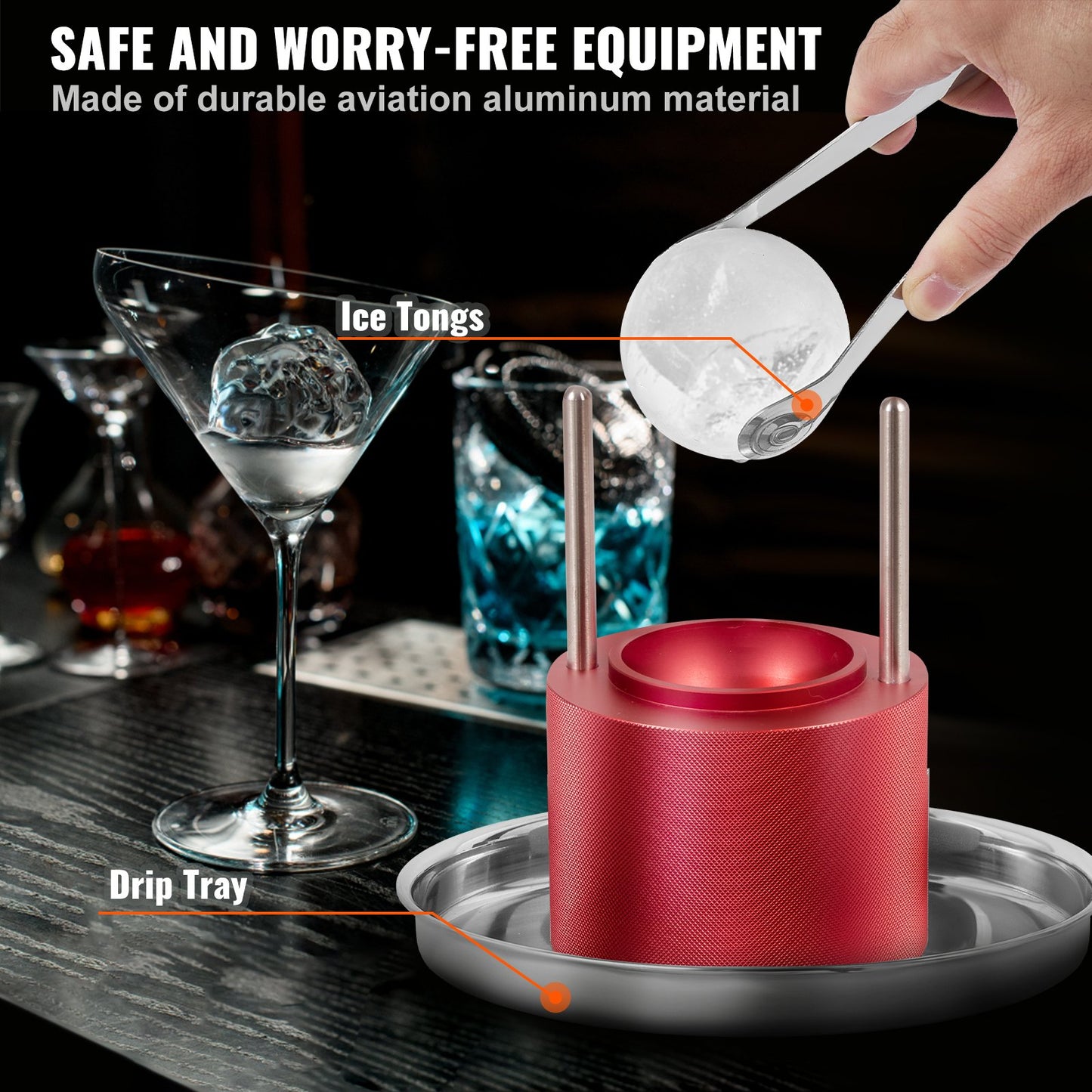 Isbollspress, 2,4" isbollsmaskin, isbollspress i flygplanslegering för 60 mm iskula, ispress med tång och droppbricka, för whisky, cocktail, bourbon, skotsk whisky på fest och högtider, röd