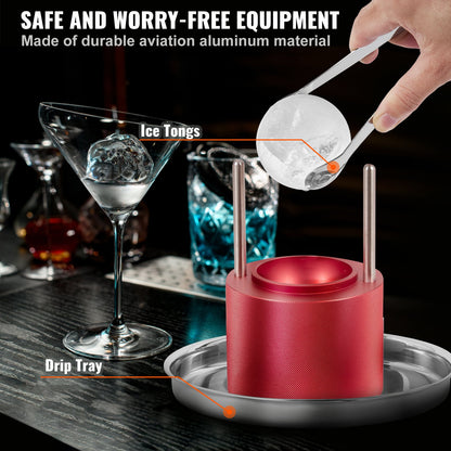 Isbollspress, 2,4" isbollsmaskin, isbollspress i flygplanslegering för 60 mm iskula, ispress med tång och droppbricka, för whisky, cocktail, bourbon, skotsk whisky på fest och högtider, röd
