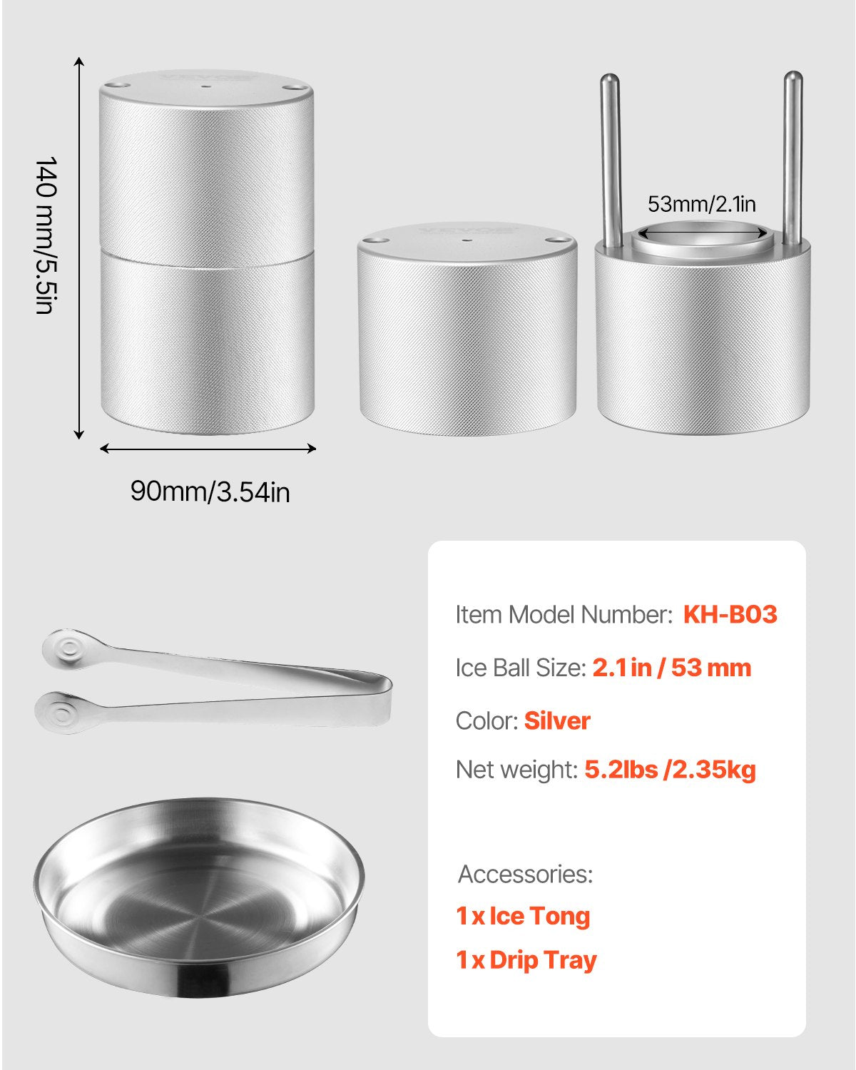 Isbollspress, 2,1" isbollsmaskin, isbollspresskit i aluminium för flygteknik, för 53 mm iskula, ispress med tång och droppbricka, för whisky, cocktail, bourbon och skotsk whisky på fest och högtider