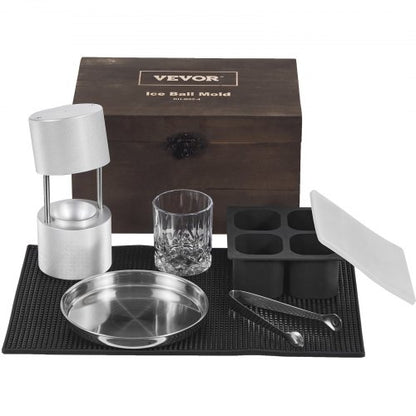 Isbollspress-kit, ispress i flygplansalloy med isblockform, stor matta, tång, droppbricka, ett glas, rund isbollsmaskin 2,4"/60 mm iskula, för whisky, cocktail på fest och högtider