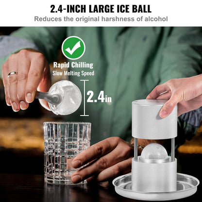 Isbollspress-kit, ispress i flygplansalloy med isblockform, stor matta, tång, droppbricka, ett glas, rund isbollsmaskin 2,4"/60 mm iskula, för whisky, cocktail på fest och högtider