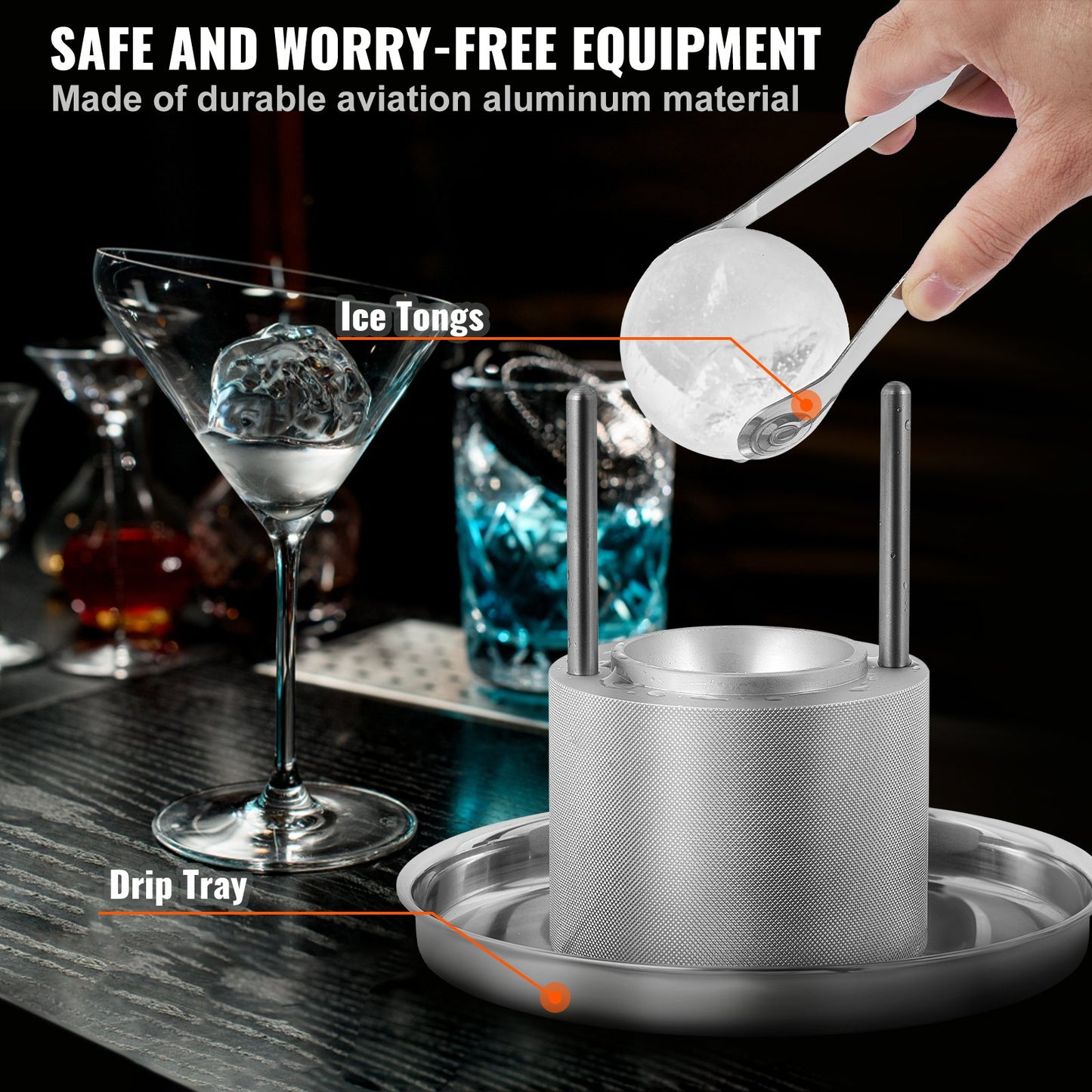 Isbollspress-kit, ispress i flygplansalloy med isblockform, stor matta, tång, droppbricka, ett glas, rund isbollsmaskin 2,4"/60 mm iskula, för whisky, cocktail på fest och högtider