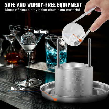 Isbollspress-kit, ispress i flygplansalloy med isblockform, stor matta, tång, droppbricka, ett glas, rund isbollsmaskin 2,4"/60 mm iskula, för whisky, cocktail på fest och högtider