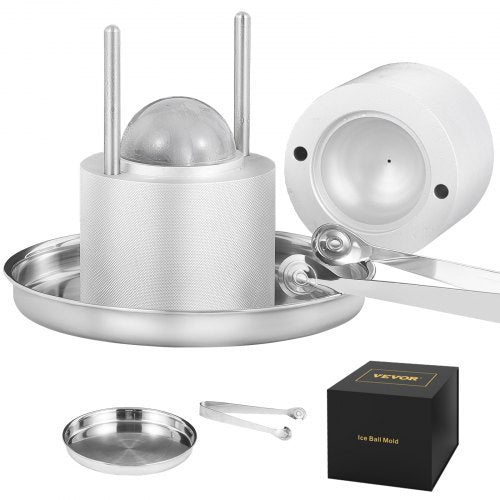 Isbollspress, 2,4" isbollsmaskin, isbollspress i flygplanslegering för 60 mm iskula, ispress med tång och droppbricka, för whisky, cocktail, bourbon, skotsk whisky på fest och högtider, silver