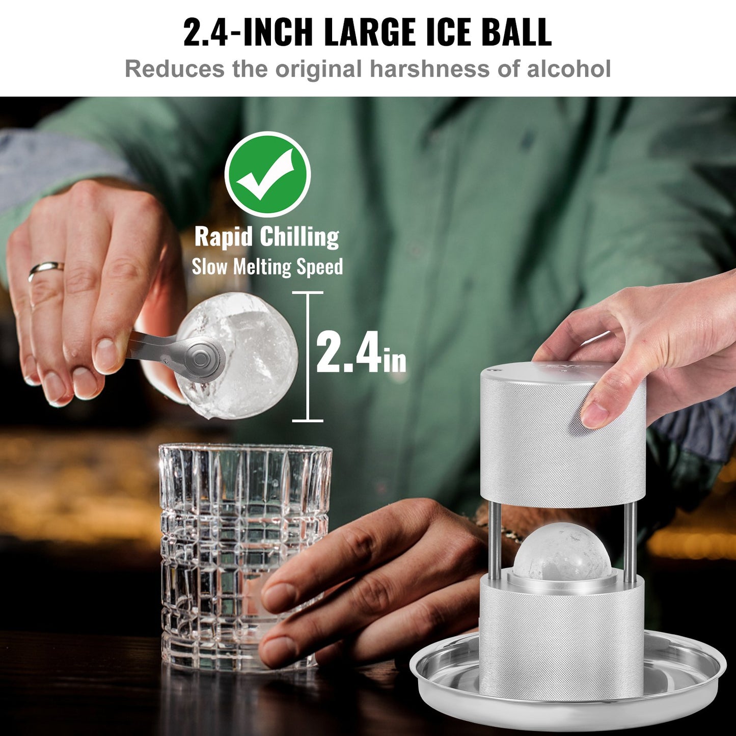 Isbollspress, 2,4" isbollsmaskin, isbollspress i flygplanslegering för 60 mm iskula, ispress med tång och droppbricka, för whisky, cocktail, bourbon, skotsk whisky på fest och högtider, silver