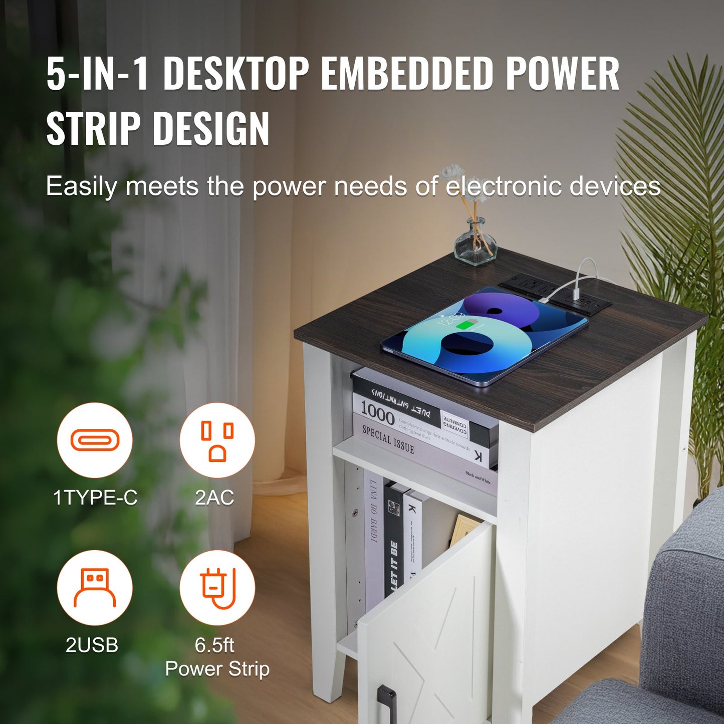 Sidobord i lantligt stil, set om 2, fyrkantigt nattduksbord med USB-portar och uttag, sidobord i 3 våningar, sidobord med förvaringsskåp och LED-lampor, perfekt för vardagsrum, sovrum, kontor, vit