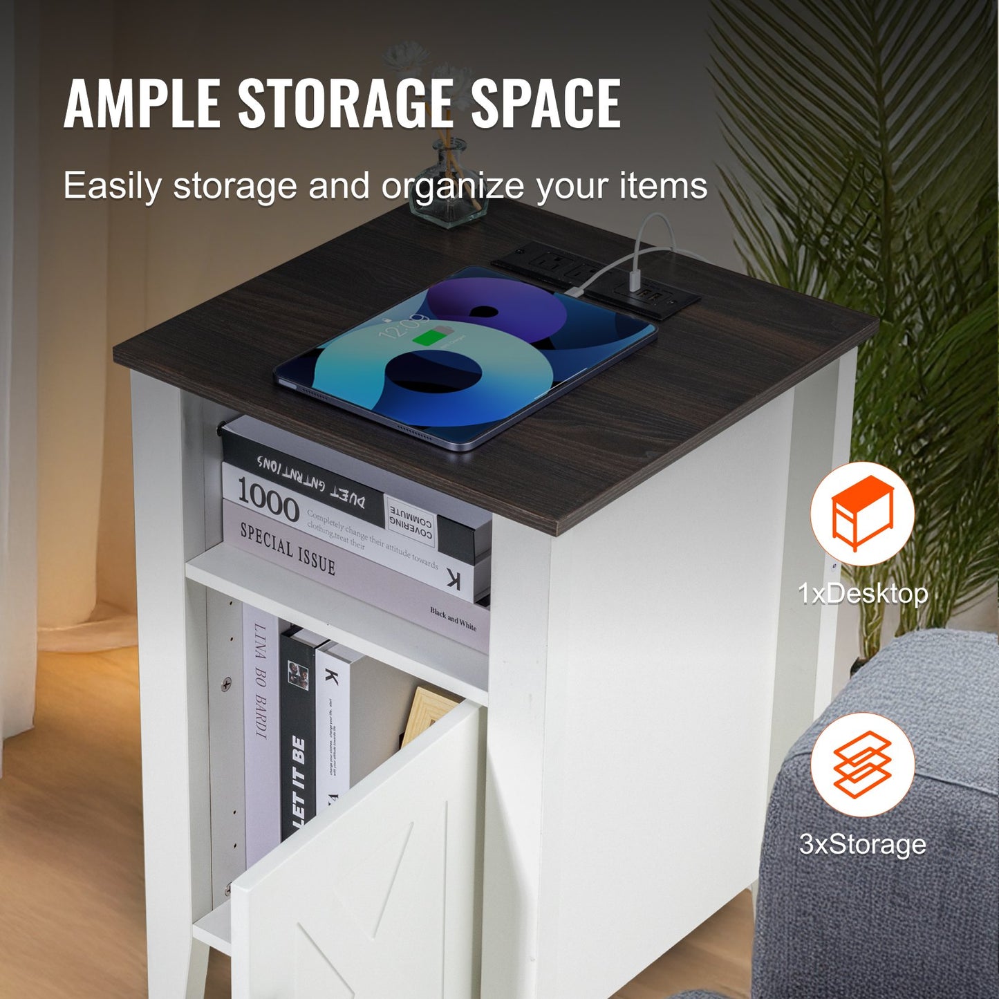 Sidobord i lantligt stil, set om 2, fyrkantigt nattduksbord med USB-portar och uttag, sidobord i 3 våningar, sidobord med förvaringsskåp och LED-lampor, perfekt för vardagsrum, sovrum, kontor, vit