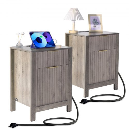 Sidobord i lantligt stil, set om 2, fyrkantigt nattduksbord med USB-portar och uttag, sidobord i 3 våningar, sidobord med förvaringsskåp och 2 lådor, perfekt för vardagsrum, sovrum, kontor, grå
