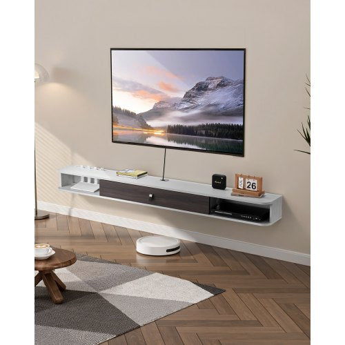 Flytande TV-stativ, 70 tum väggmonterat underhållningscenter med kabelhål, modern flytande TV-hylla med förvaringsskåp, spånskivekonsol för DVD-spelare, kabelbox, spelkonsol, vit