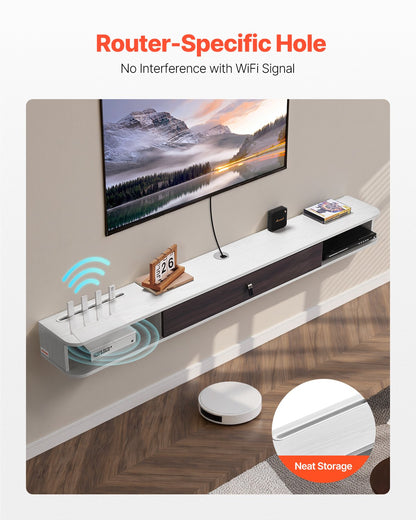Flytande TV-stativ, 70 tum väggmonterat underhållningscenter med kabelhål, modern flytande TV-hylla med förvaringsskåp, spånskivekonsol för DVD-spelare, kabelbox, spelkonsol, vit