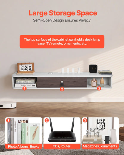 Floating TV Stand, 47 in Wall Mount Entertainment Center with Cable Hole, Modern Floating TV Shelf with Storage Cabinet, Particle Board Console for DVD Player, Cable Box, Game Console, White
