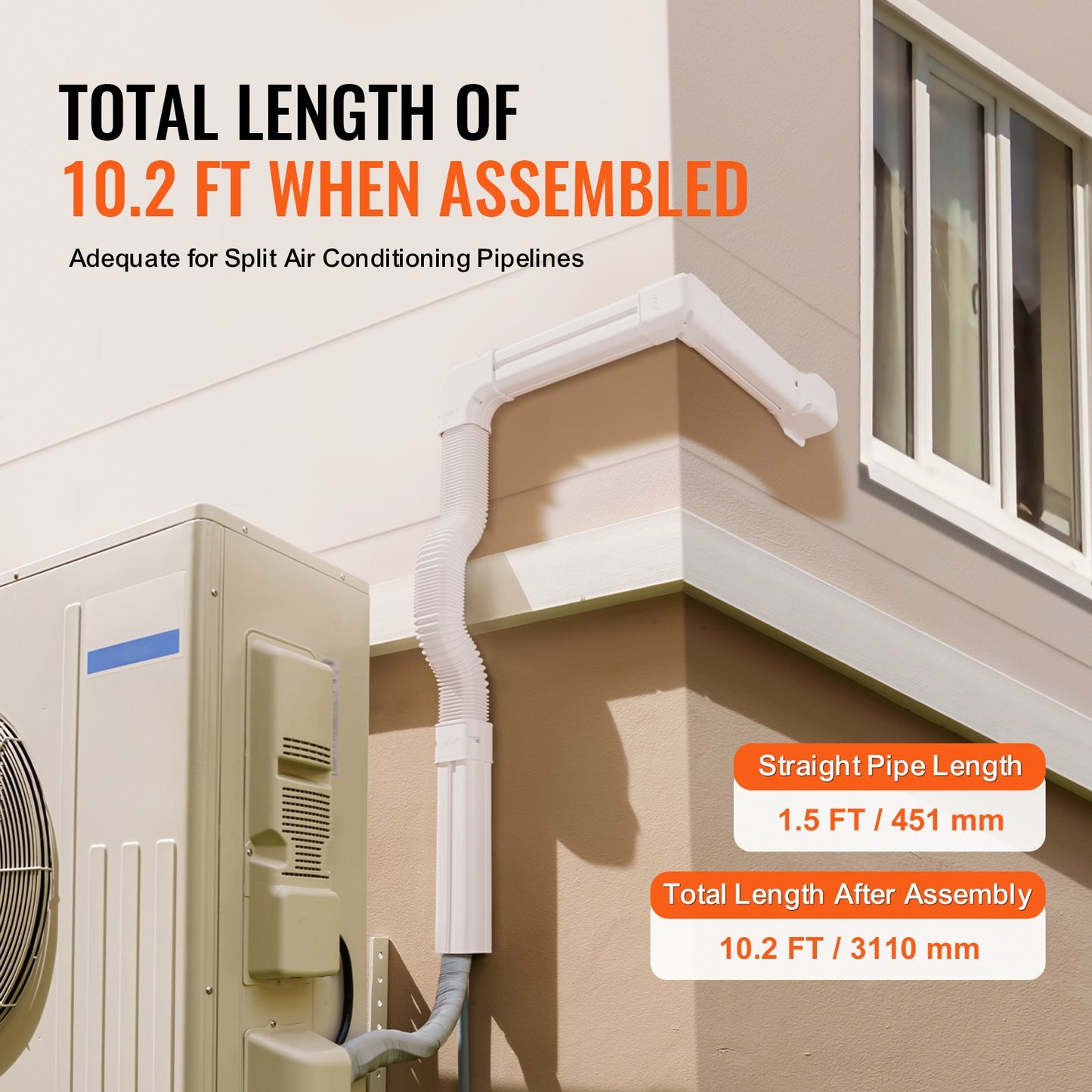 Mini Delat rörledningsskydd 76,2 mm B 3110 mm L, Dekorativt PVC-rörledningsskydd för luftkonditionering med 5 raka kanaler och kompletta komponenter, lätt att installera, övermålningsbar för värmepumpar, vit