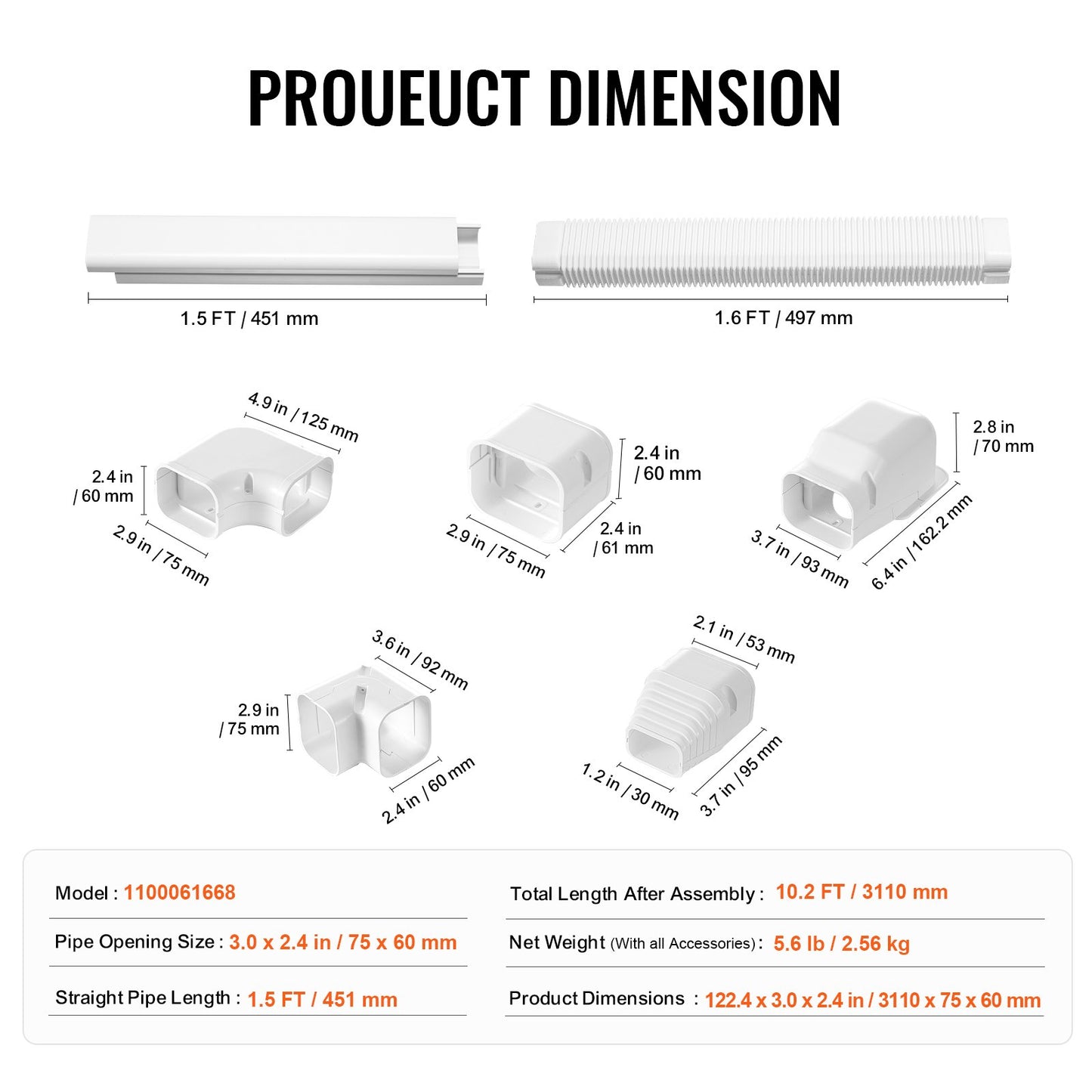 Mini Delat rörledningsskydd 76,2 mm B 3110 mm L, Dekorativt PVC-rörledningsskydd för luftkonditionering med 5 raka kanaler och kompletta komponenter, lätt att installera, övermålningsbar för värmepumpar, vit