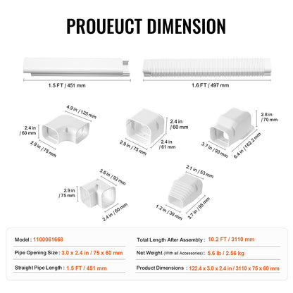 Mini Delat rörledningsskydd 76,2 mm B 3110 mm L, Dekorativt PVC-rörledningsskydd för luftkonditionering med 5 raka kanaler och kompletta komponenter, lätt att installera, övermålningsbar för värmepumpar, vit