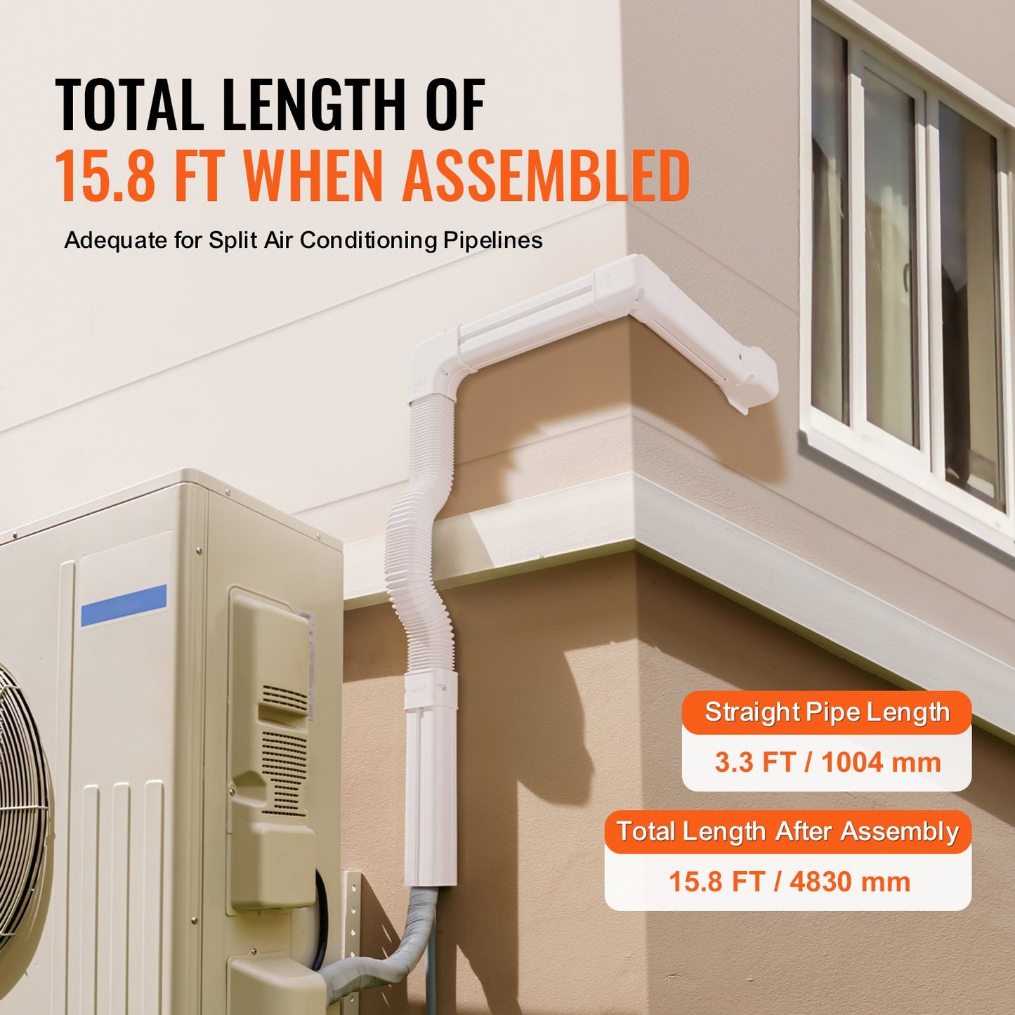 Mini Split Line Set Cover 76.2mm W 4830mm L, PVC Decorative Pipe Line Cover For Air Conditioner with 4 Straight Ducts & Full Components Easy to Install, Paintable for Heat Pumps, White