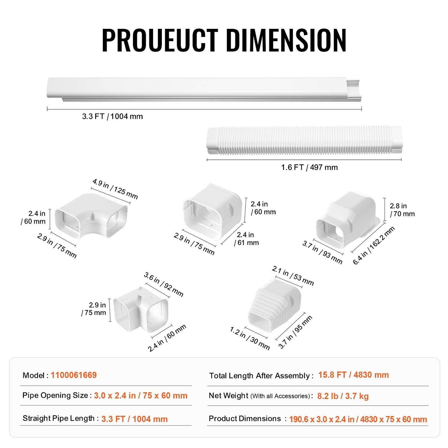 Mini Split Line Set Cover 76.2mm W 4830mm L, PVC Decorative Pipe Line Cover For Air Conditioner with 4 Straight Ducts & Full Components Easy to Install, Paintable for Heat Pumps, White