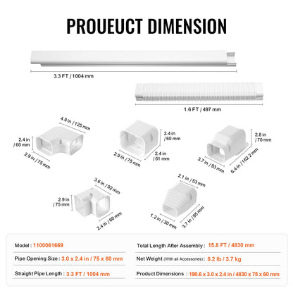 Mini Split Line Set Cover 76.2mm W 4830mm L, PVC Decorative Pipe Line Cover For Air Conditioner with 4 Straight Ducts & Full Components Easy to Install, Paintable for Heat Pumps, White