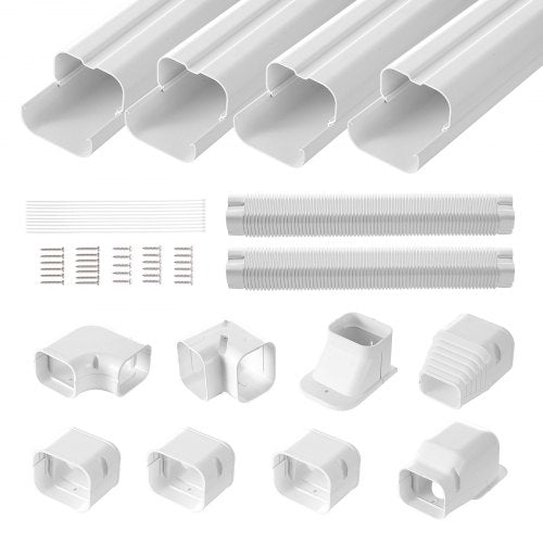 Mini Delat rörledningsskydd 76,2 mm B 5350 mm L, Dekorativt PVC-rörledningsskydd för luftkonditionering med 4 raka kanaler och kompletta komponenter, lätt att installera, övermålningsbar för värmepumpar, vit