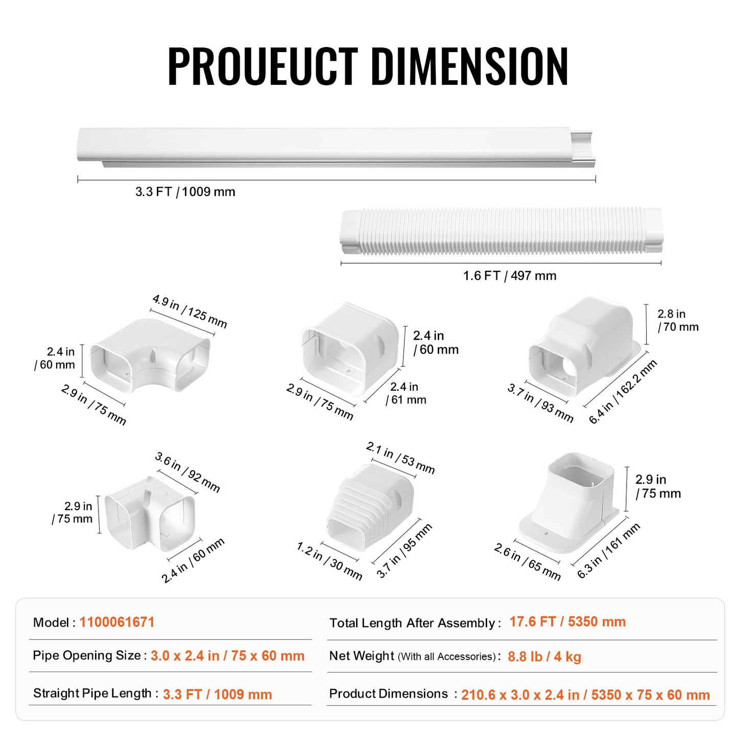 Mini Delat rörledningsskydd 76,2 mm B 5350 mm L, Dekorativt PVC-rörledningsskydd för luftkonditionering med 4 raka kanaler och kompletta komponenter, lätt att installera, övermålningsbar för värmepumpar, vit