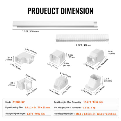 Mini Delat rörledningsskydd 76,2 mm B 5350 mm L, Dekorativt PVC-rörledningsskydd för luftkonditionering med 4 raka kanaler och kompletta komponenter, lätt att installera, övermålningsbar för värmepumpar, vit
