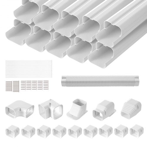 Mini Delat rörledningsskydd 76,2 mm B 5400 mm L, Dekorativt PVC-rörledningsskydd för luftkonditionering med 10 raka kanaler och kompletta komponenter, lätt att installera, övermålningsbart för värmepumpar, vit