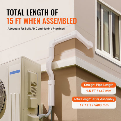 Mini Delat rörledningsskydd 76,2 mm B 5400 mm L, Dekorativt PVC-rörledningsskydd för luftkonditionering med 10 raka kanaler och kompletta komponenter, lätt att installera, övermålningsbart för värmepumpar, vit