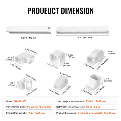 Mini Delat rörledningsskydd 76,2 mm B 5400 mm L, Dekorativt PVC-rörledningsskydd för luftkonditionering med 10 raka kanaler och kompletta komponenter, lätt att installera, övermålningsbart för värmepumpar, vit