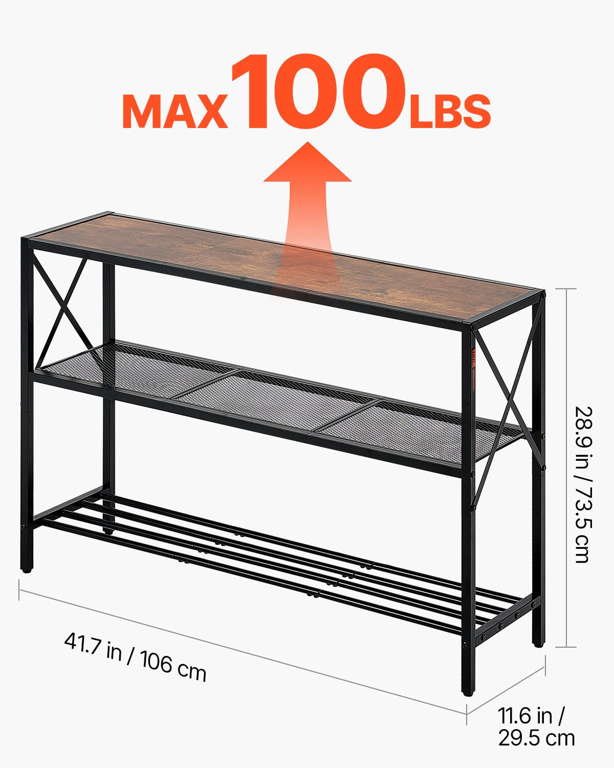 Smalt konsolsoffbord, 104 cm bakom soffbordet, långt entrébord i 3 våningar och smalt hallbord, smalt soffbord med metallram, för entré, hall, vardagsrum och sovrum