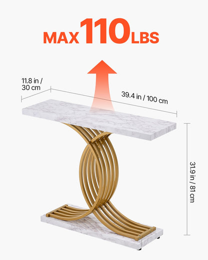 Smalt konsolsoffbord, 91 cm bakom soffbordet, långt entrébord i 1 våning och smalt hallbord, smalt soffbord med metallram, för entré, hall, vardagsrum och sovrum