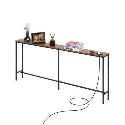 Smalt konsolbord med soffbord, 180 cm bakom soffan med eluttag, långt entrébord i 1 våning, smalt soffbord med metallram och laddningsstation, för entré, hall, vardagsrum