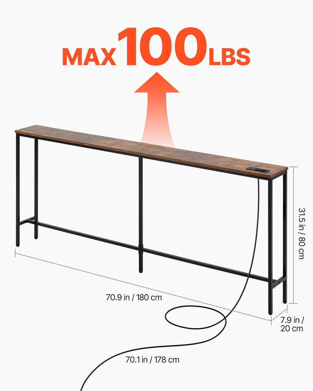 Smalt konsolbord med soffbord, 180 cm bakom soffan med eluttag, långt entrébord i 1 våning, smalt soffbord med metallram och laddningsstation, för entré, hall, vardagsrum