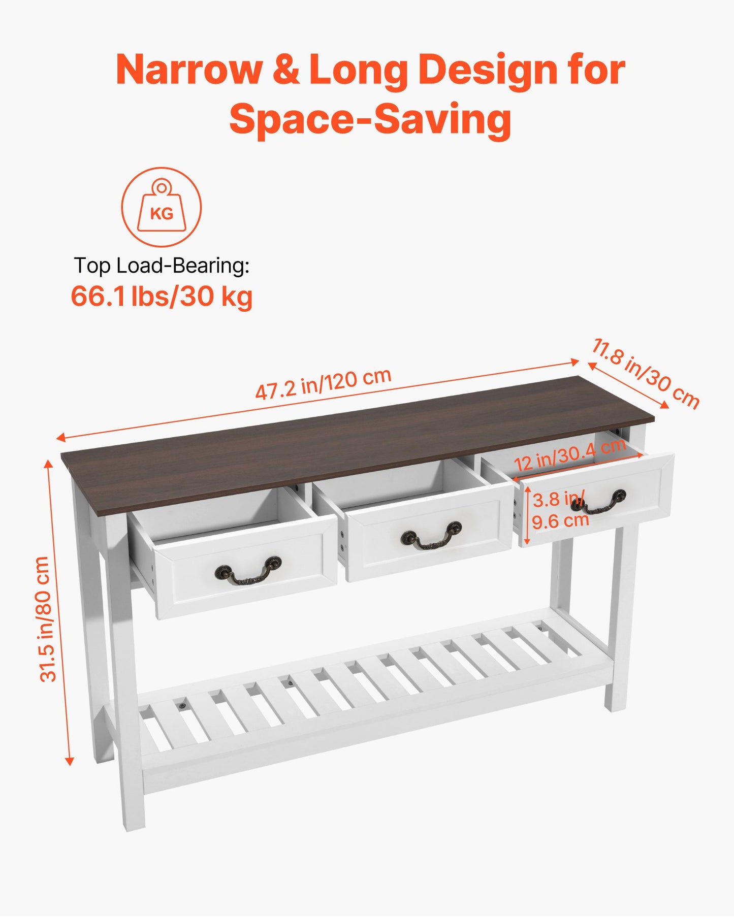 120 cm Console Table, Farmhouse Desk Behind the Couch with Drawers and Bottom Storage Shelf, Wooden Rectangle Entrance Narrow Sofa Table for Hallway, Bedroom, Living Room, Foyer, Brown + White