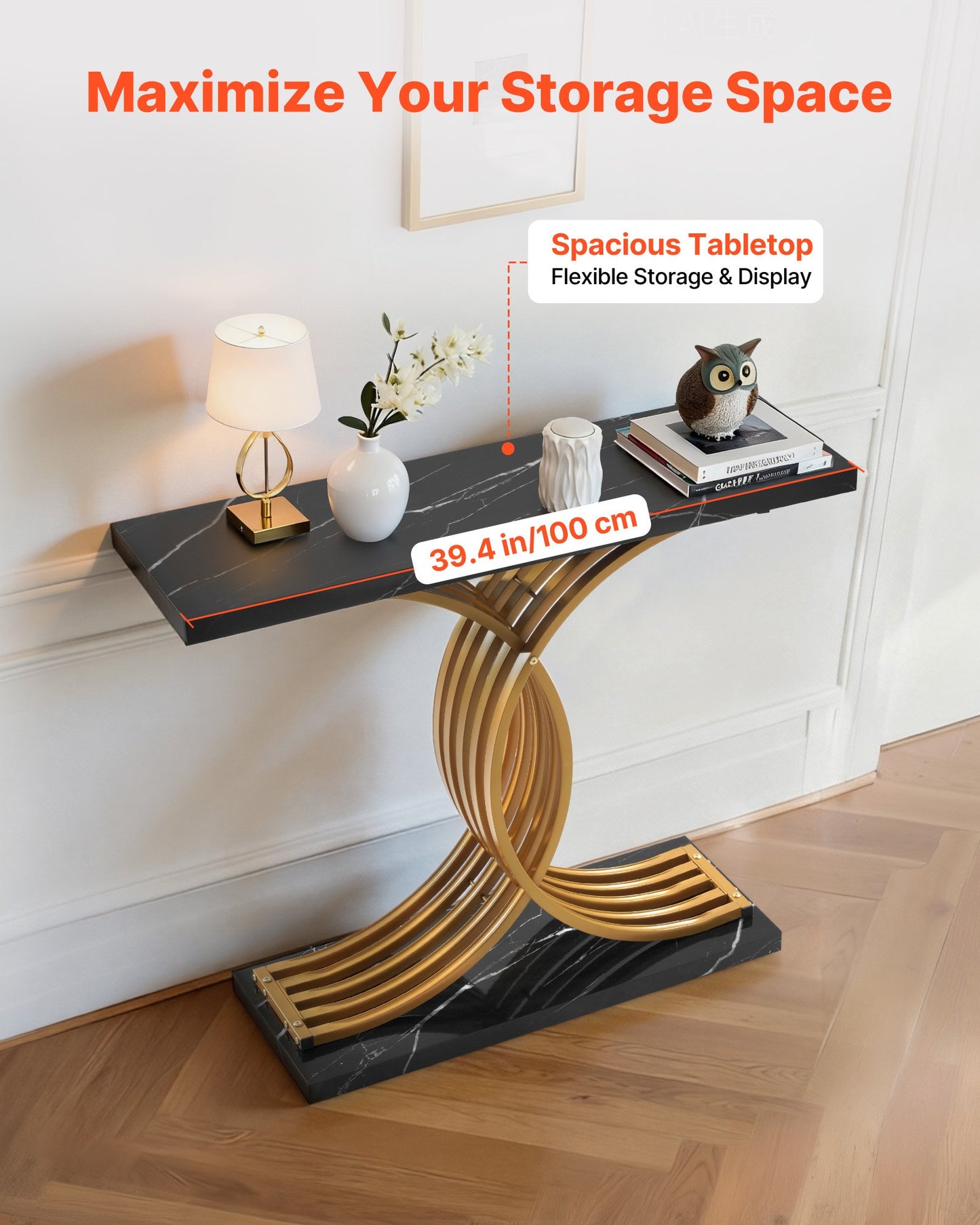 100 cm Gold Console Table, Modern Desk Behind the Couch, Wood Rectangle Entrance Desk, Narrow Long Sofa Table Accent Stand with Metal Legs for Hallway, Bedroom, Living Room, Foyer, Easy Assembly