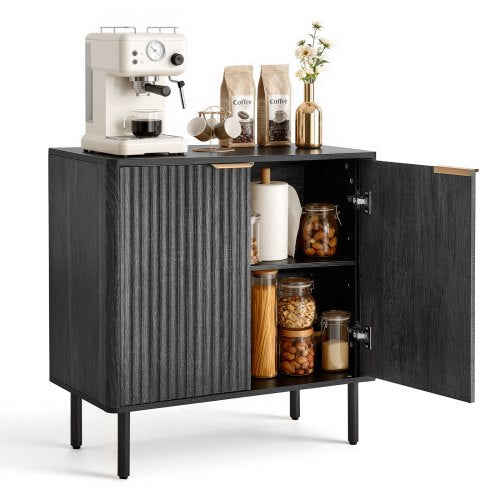 Coffee Bar Cabinet, Mid Century Fluted Coffee Bar Table with 2-Tier Storage, Buffet Stand Cabinet with Barn Door, Sideboard Buffet Station for Living Room, Entryway, 80 x 37.5 x 80 cm, Black