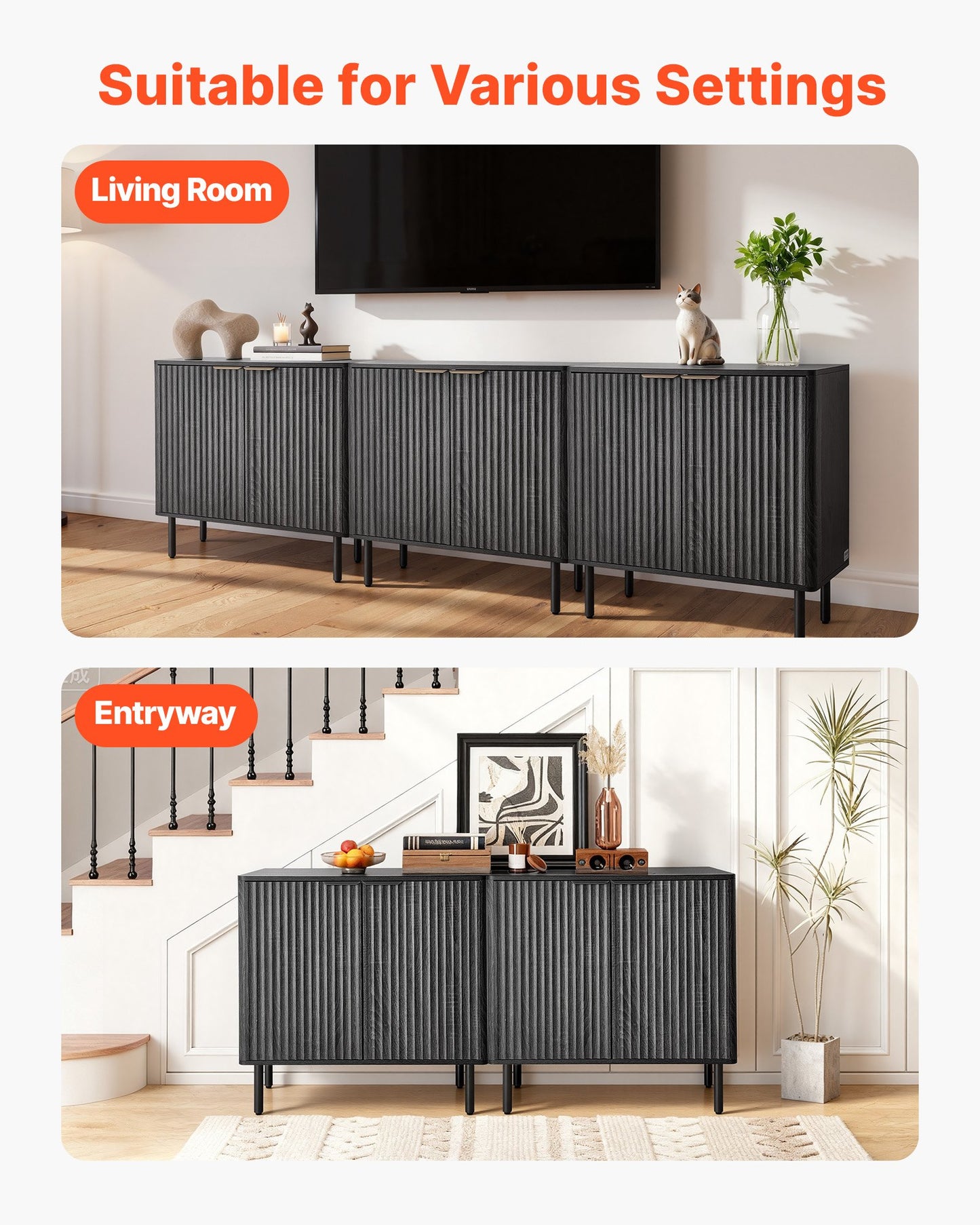 Coffee Bar Cabinet, Mid Century Fluted Coffee Bar Table with 2-Tier Storage, Buffet Stand Cabinet with Barn Door, Sideboard Buffet Station for Living Room, Entryway, 80 x 37.5 x 80 cm, Black