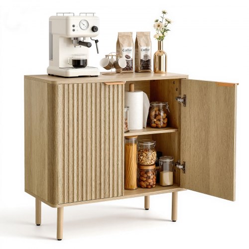 Coffee Bar Cabinet, Mid Century Fluted Coffee Bar Table with 2-Tier Storage, Buffet Stand Cabinet with 2 Barn Door, Sideboard Buffet Station for Living Room, Entryway, 80 x 37.5 x 80 cm, Oak