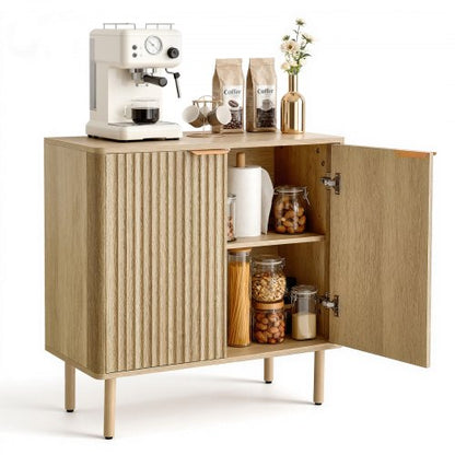 Coffee Bar Cabinet, Mid Century Fluted Coffee Bar Table with 2-Tier Storage, Buffet Stand Cabinet with 2 Barn Door, Sideboard Buffet Station for Living Room, Entryway, 80 x 37.5 x 80 cm, Oak