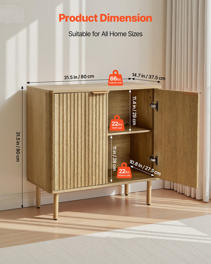 Coffee Bar Cabinet, Mid Century Fluted Coffee Bar Table with 2-Tier Storage, Buffet Stand Cabinet with 2 Barn Door, Sideboard Buffet Station for Living Room, Entryway, 80 x 37.5 x 80 cm, Oak