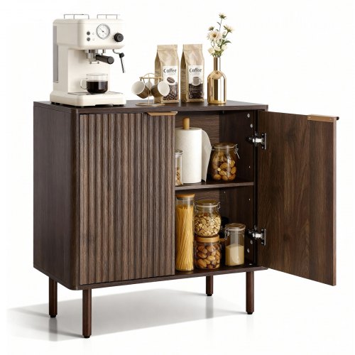 Coffee Bar Cabinet, Mid Century Fluted Coffee Bar Table with 2-Tier Storage, Buffet Stand Cabinet with Barn Door, Sideboard Buffet Station for Living Room, Entryway, 80 x 37.5 x 80 cm Walnut