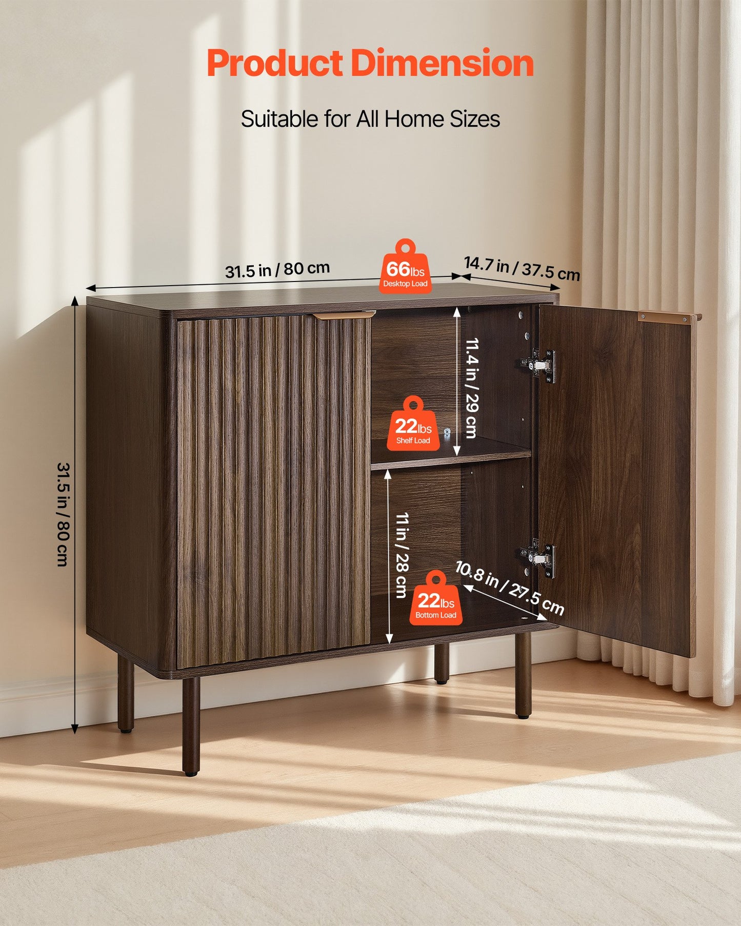 Coffee Bar Cabinet, Mid Century Fluted Coffee Bar Table with 2-Tier Storage, Buffet Stand Cabinet with Barn Door, Sideboard Buffet Station for Living Room, Entryway, 80 x 37.5 x 80 cm Walnut