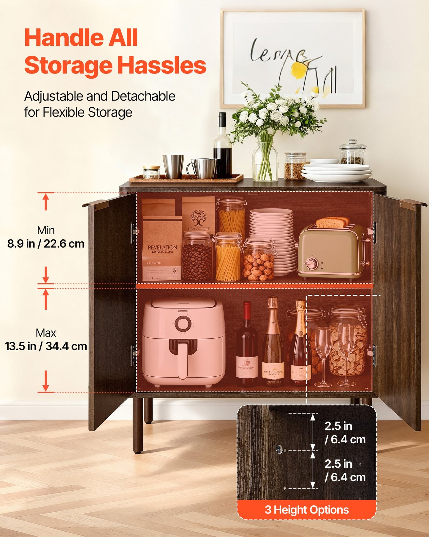 Coffee Bar Cabinet, Mid Century Fluted Coffee Bar Table with 2-Tier Storage, Buffet Stand Cabinet with Barn Door, Sideboard Buffet Station for Living Room, Entryway, 80 x 37.5 x 80 cm Walnut