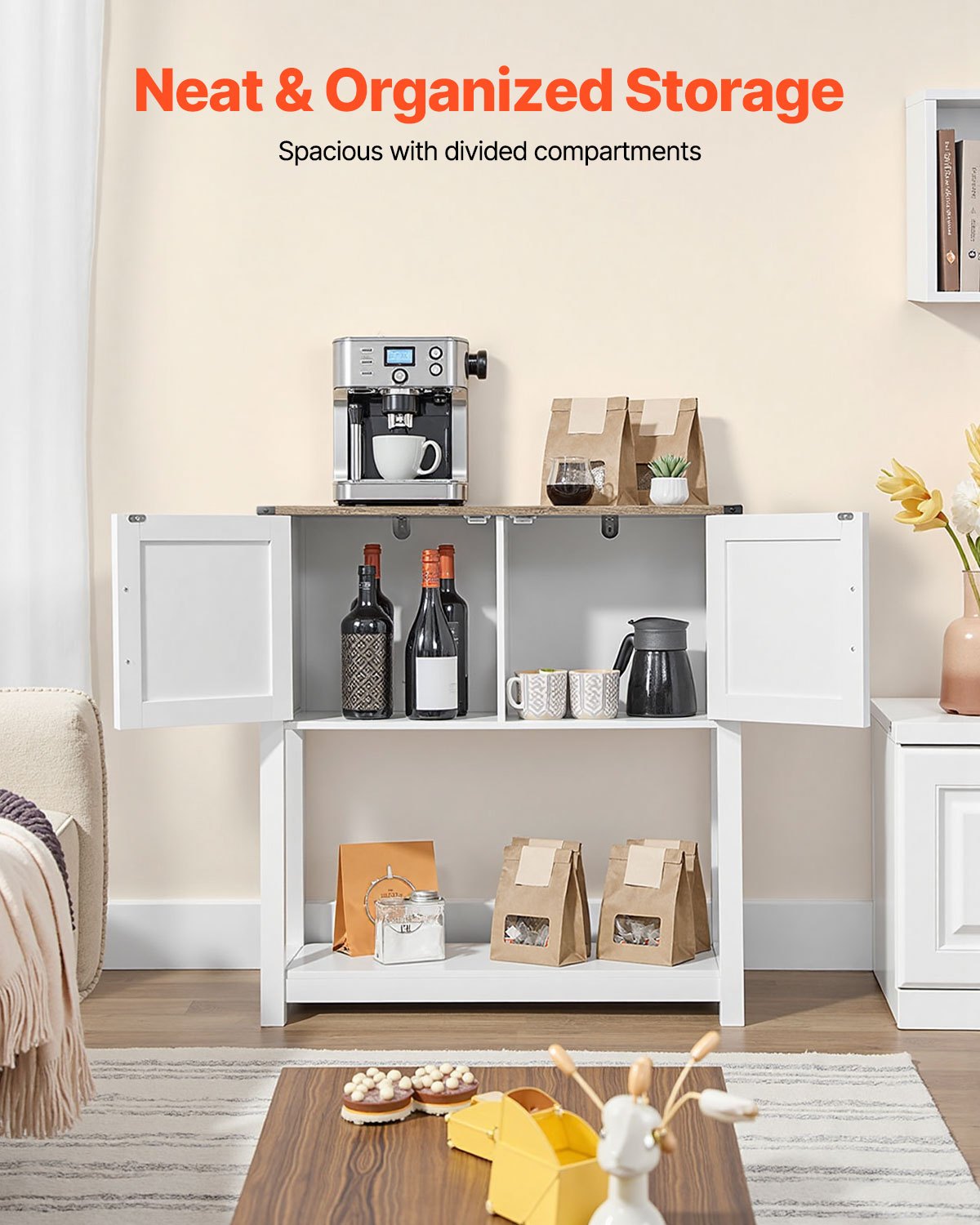 Kaffebarskåp, 89 x 33 x 91 cm lantligt kaffebarskåp med förvaring i 3 nivåer, kaffebarbord med magnetdörrar, lantligt skänk, bufféskåp för vardagsrum, entré