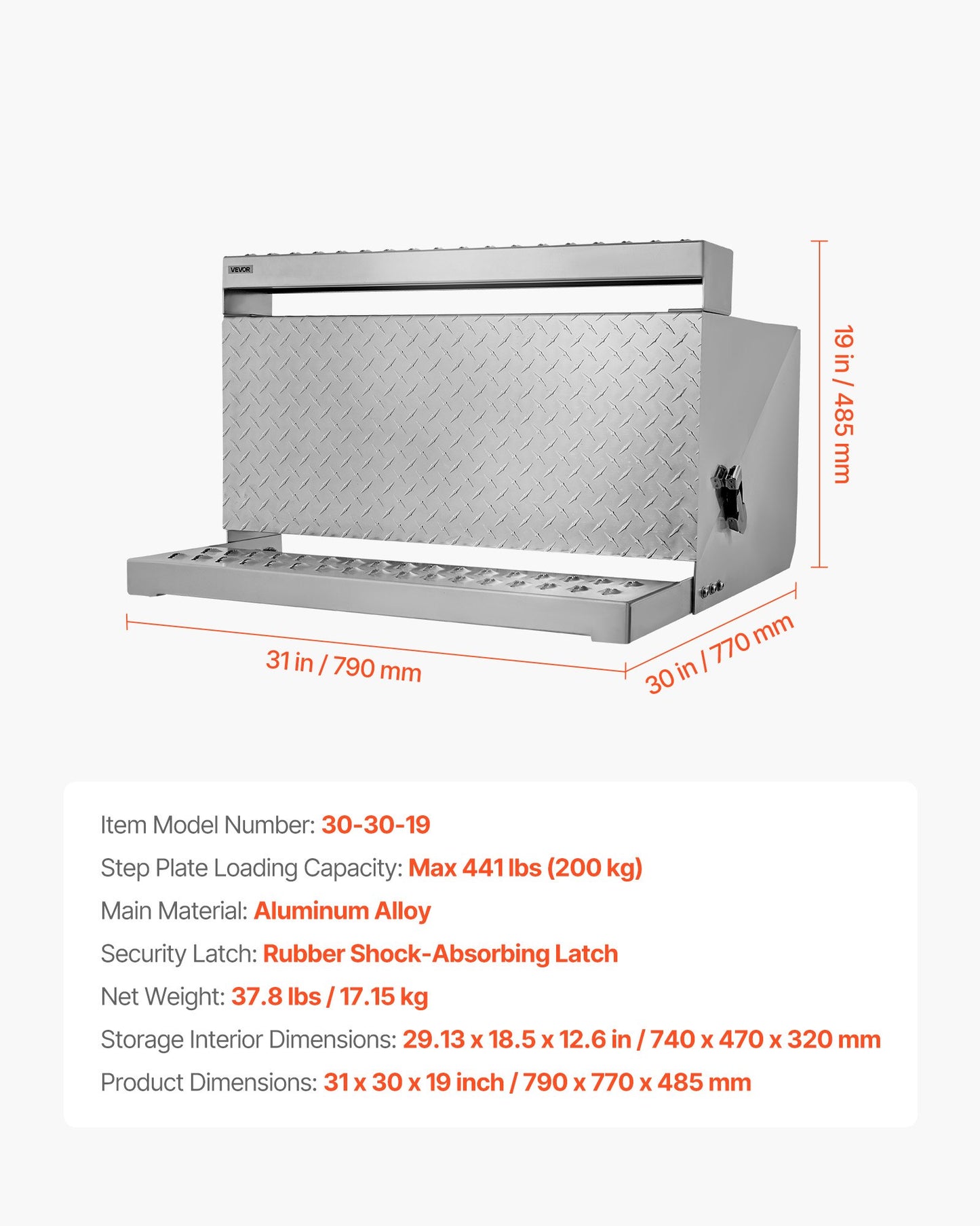Verktygslåda för lastbilssteg, 790 x 770 x 485 mm Robust verktygslåda i diamantplåt i aluminium, vattentät förvaringslåda för hyttens stege med stötdämpande spärr för flak, kran och lastbilar